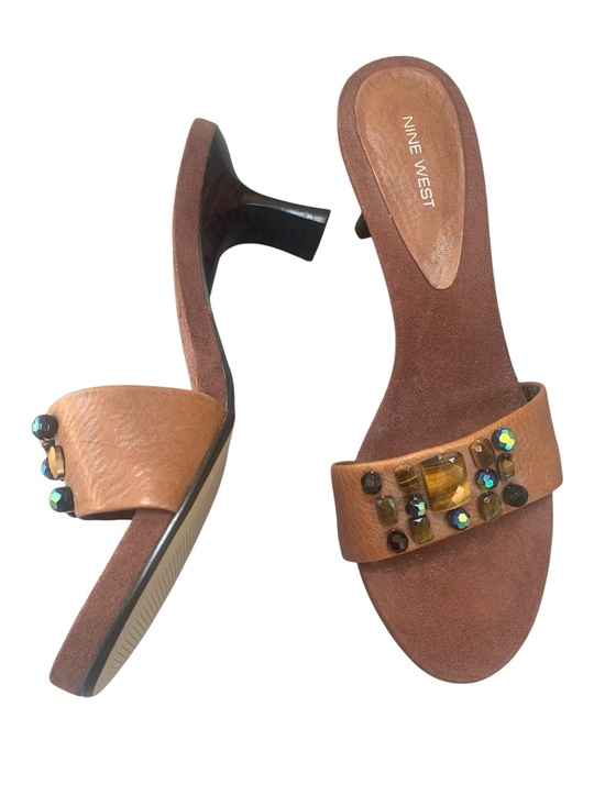 Nine West Shoes - Nine West Bohemian Style Embellished Brown Leather Slide Sandals - Women